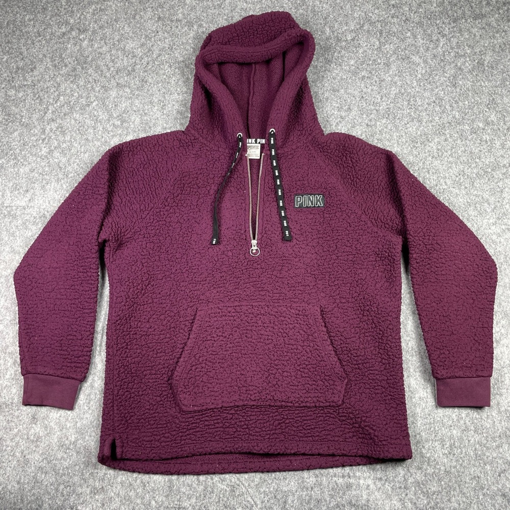 Pink Victoria's Secret PINK Pullover Hoodie Women Medium Burgundy Sherpa 1/4 Zip